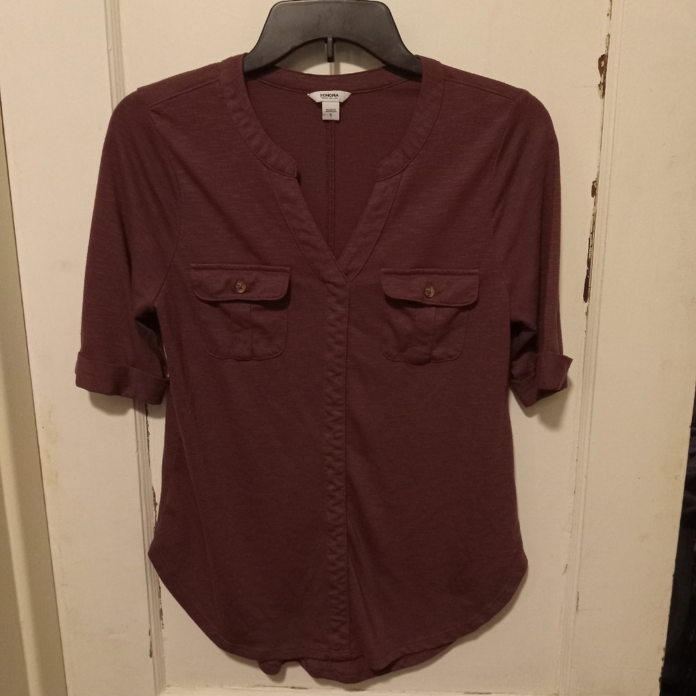Sonoma Burgundy V-Necked Blouse Shirt Size Small